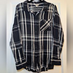 Lucky Brand Dark Blue White Plaid Button Down Long Sleeve Top Women's Size Large